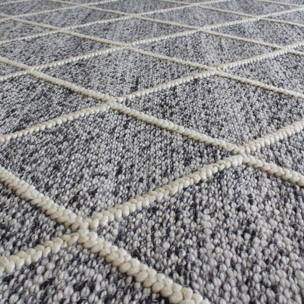 Grey White Geometric Textured Rug